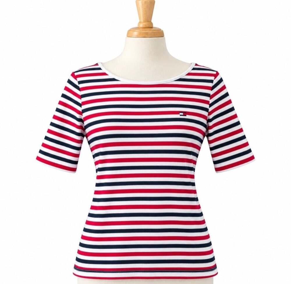 Tommy Hilfiger Womens L Striped Top Red Navy Black Cotton Boat Neck Shirt